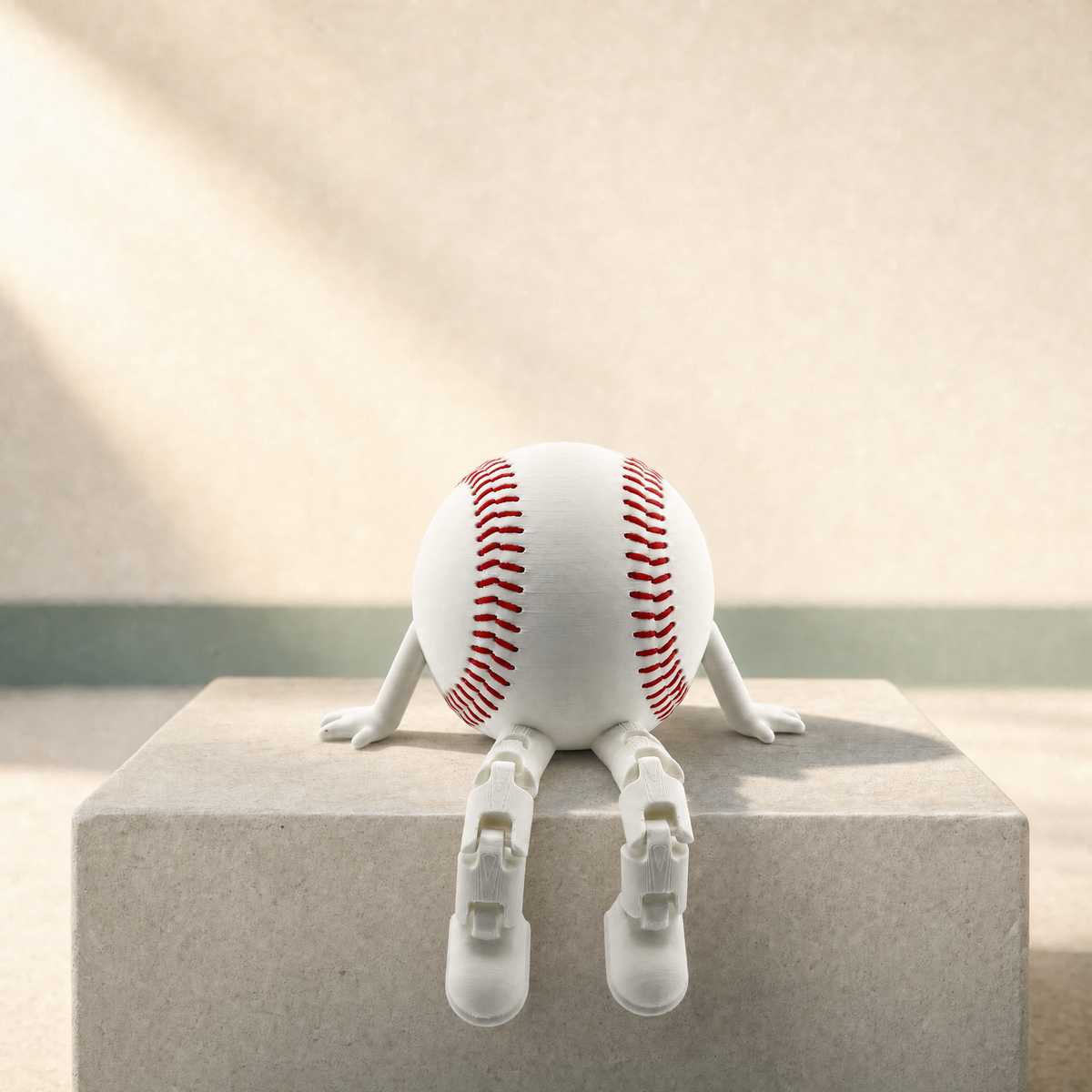 3D printed baseball with legs figurine, white ball with red stitching seated with sneakers forward