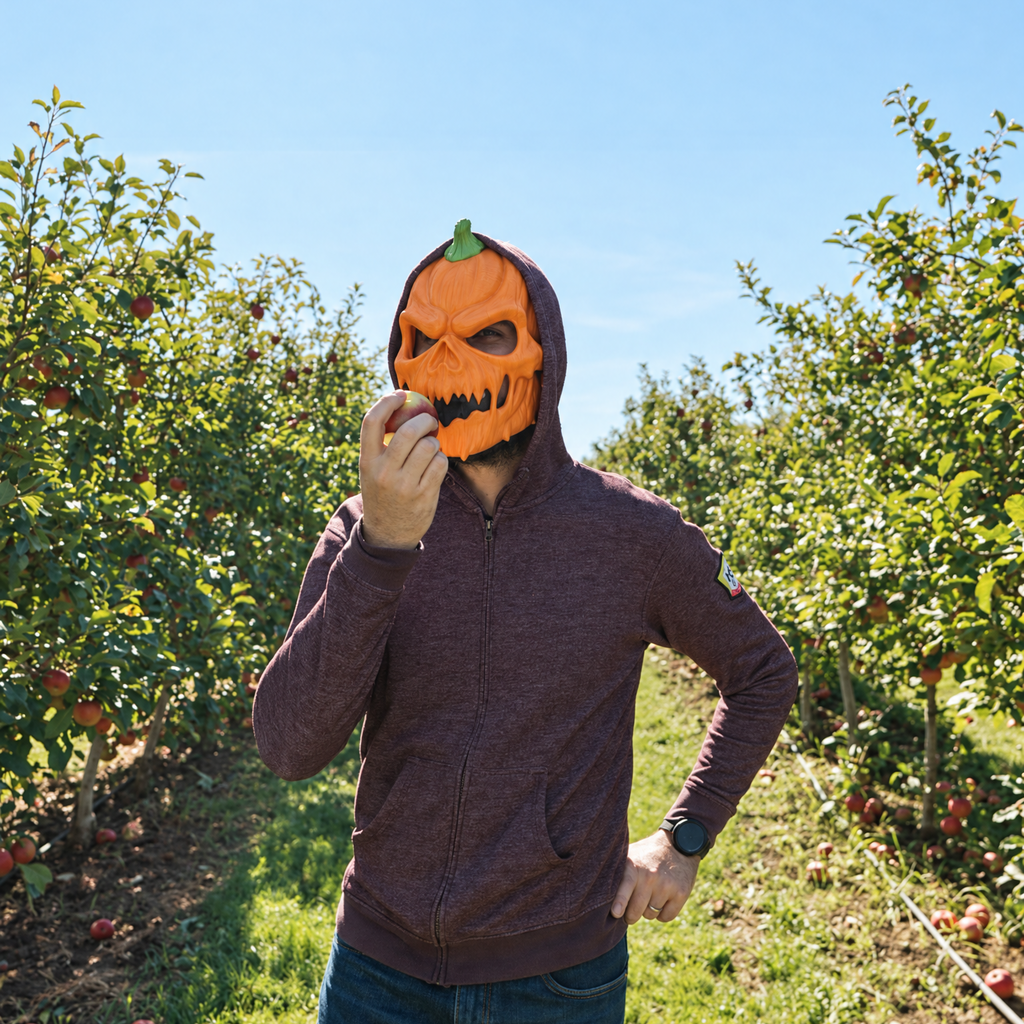 A person standing in an apple orchard wearing a bright orange pumpkin jack-o'-lantern mask and a dark heathered zip-up hoodie, with blue jeans and a watch visible.