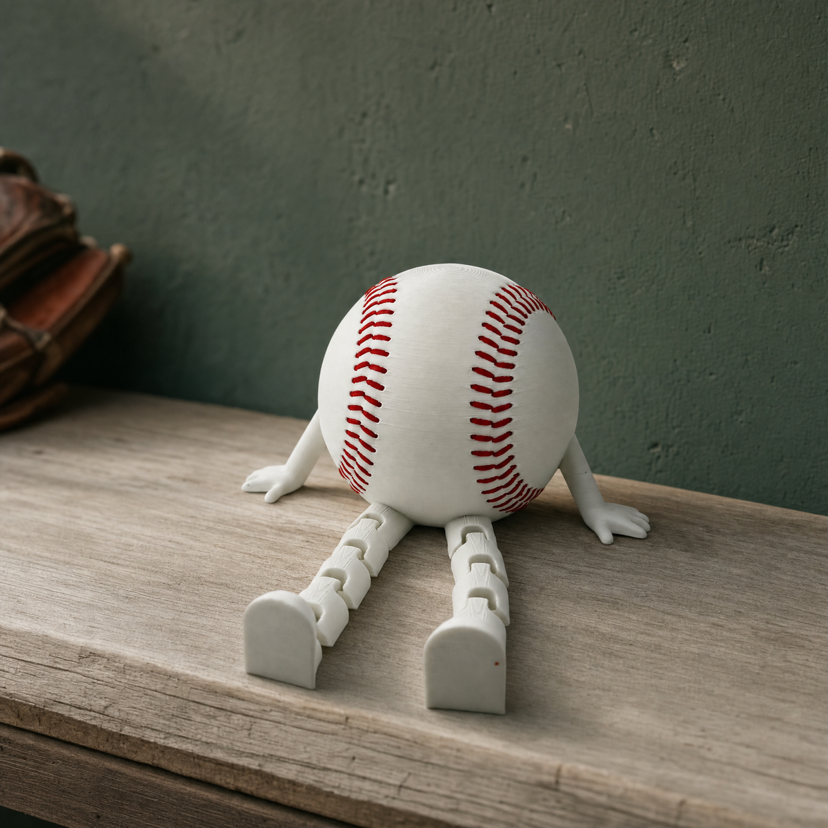 Cute 3D printed baseball shelf sitter with dangling legs and white sneakers, styled in a baseball dugout