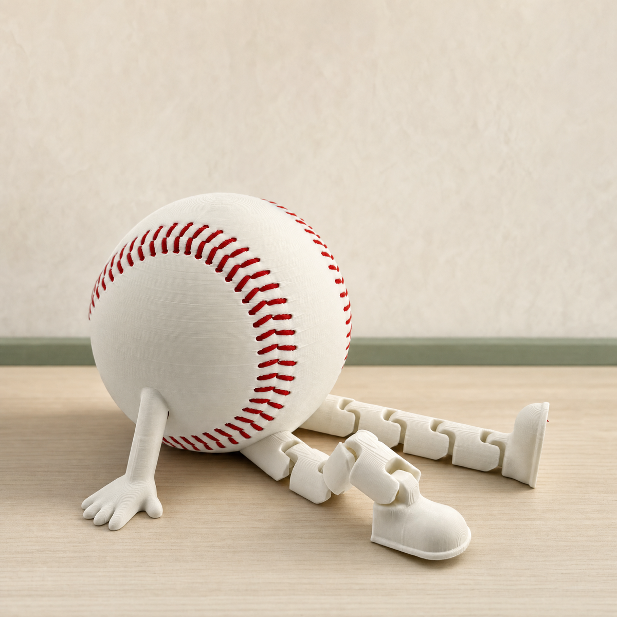 Print-in-place articulated legs on the baseball shelf sitter, posed to show the movable joints