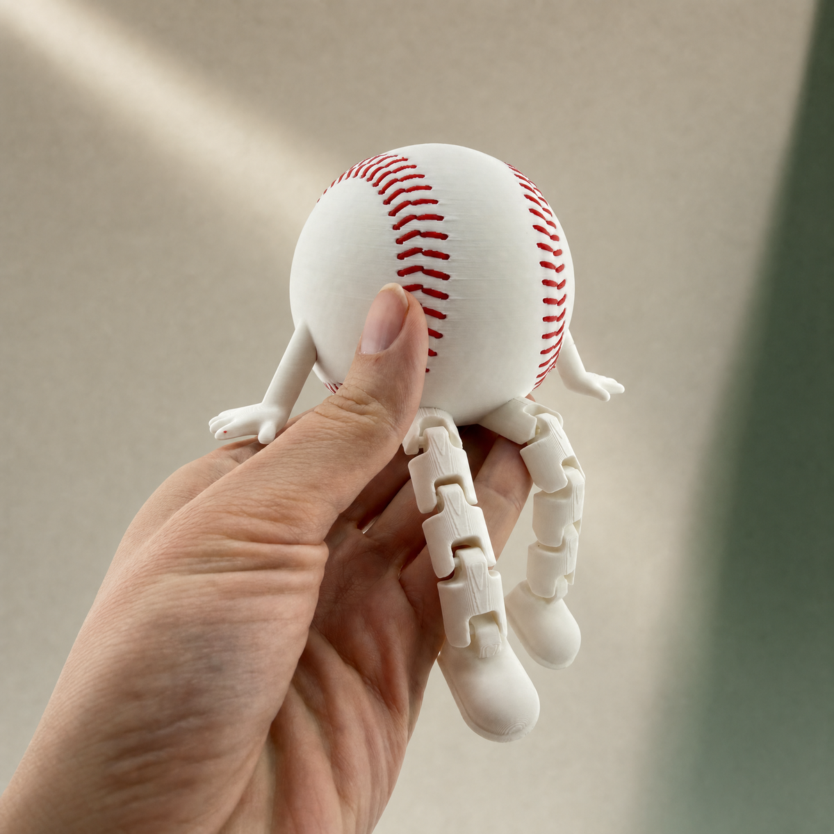 Baseball shelf sitter held in a hand to show its 3 inch size