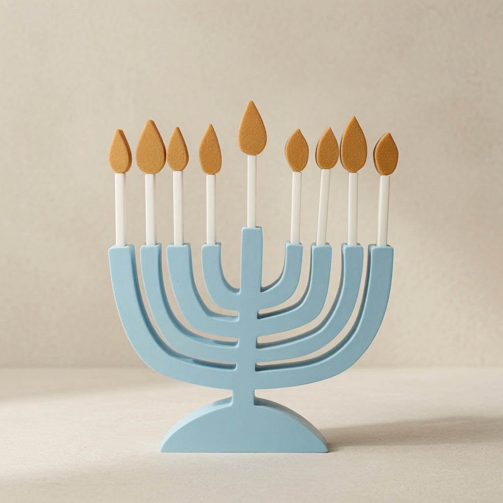 3D Printed Hanukkah Menorah with Removable Candles — Modern Pastel Blue Hanukkiah