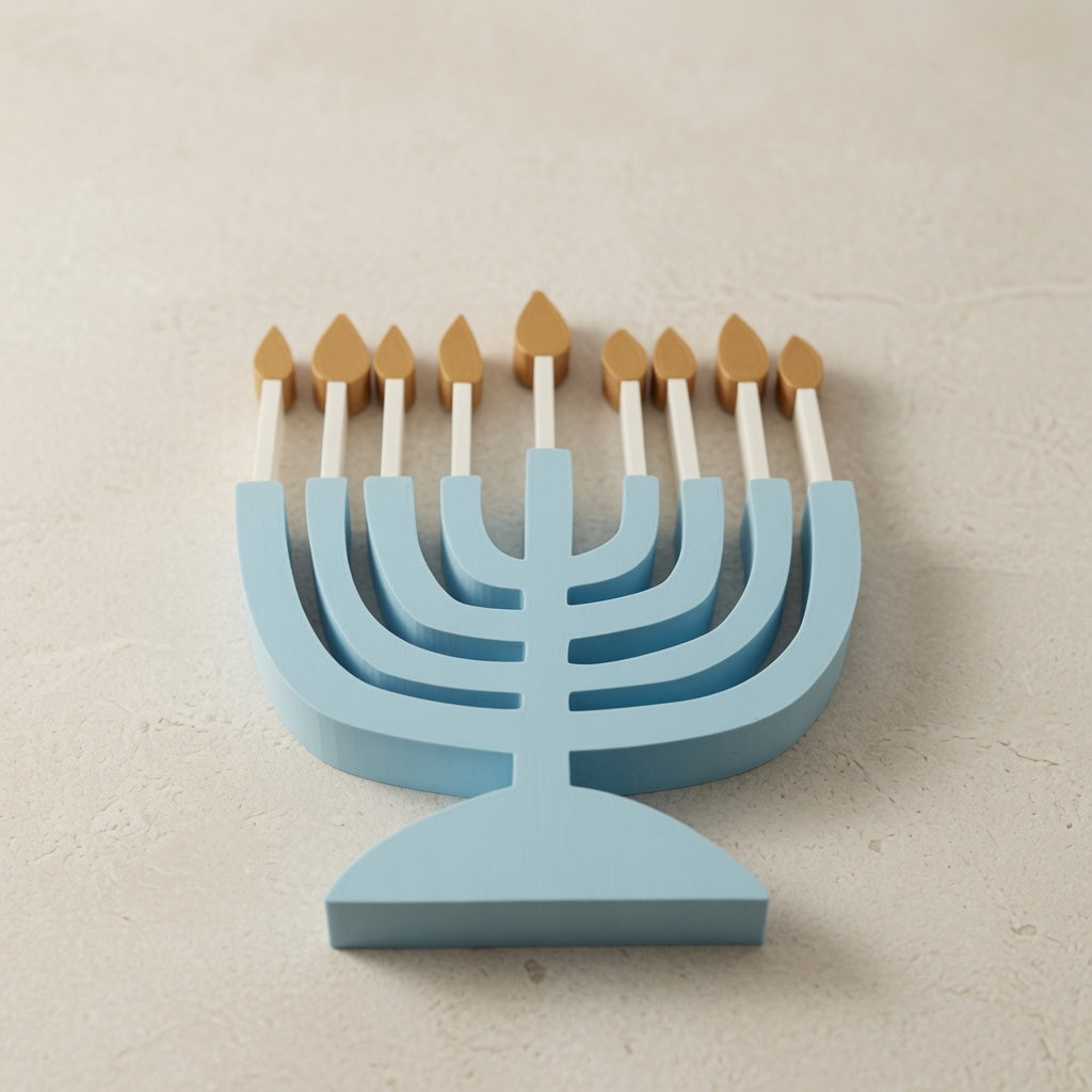 3D Printed Hanukkah Menorah with Removable Candles — Modern Pastel Blue Hanukkiah