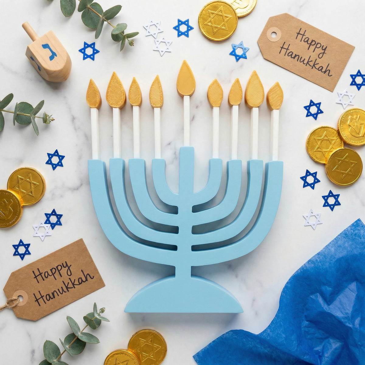 3D Printed Hanukkah Menorah with Removable Candles — Modern Pastel Blue Hanukkiah