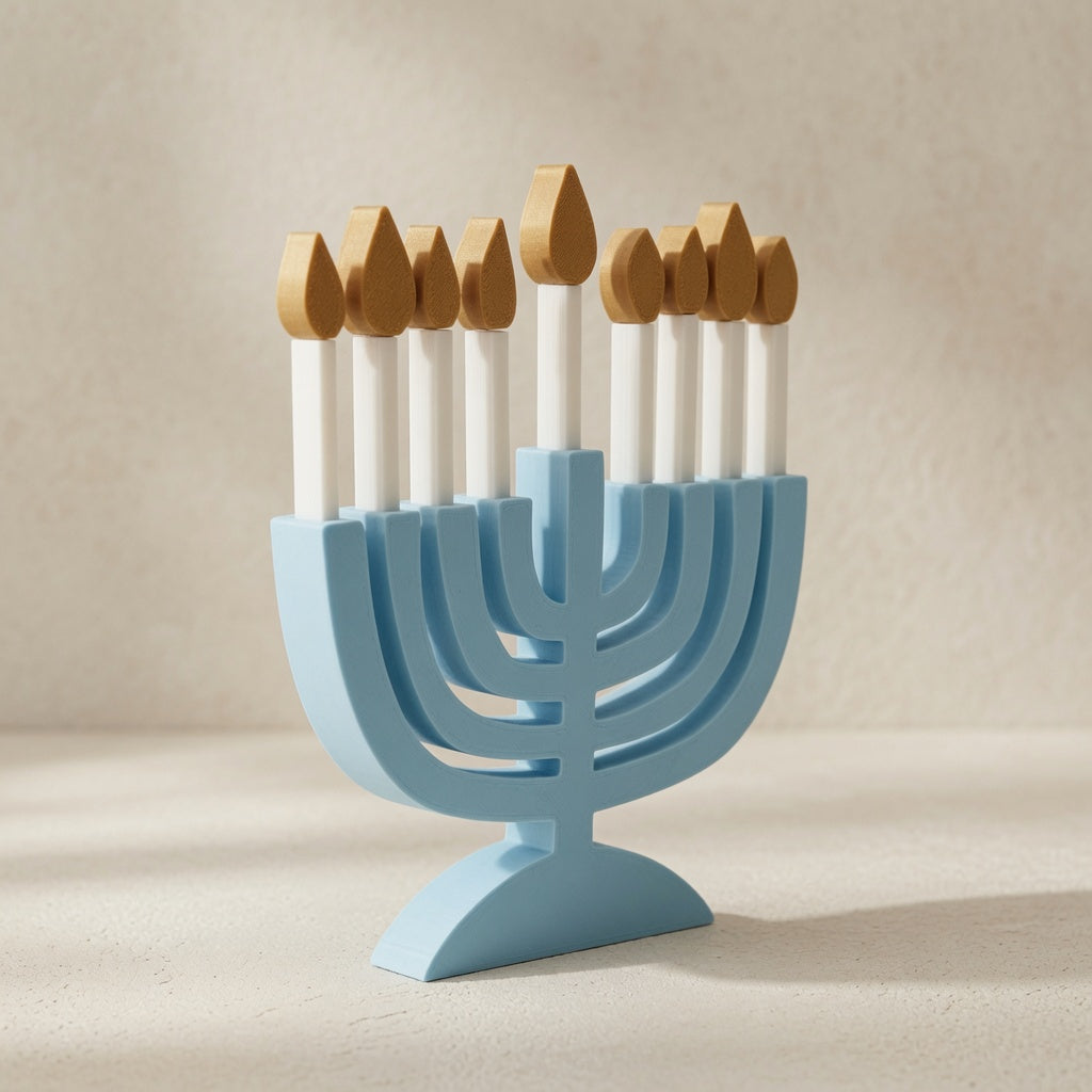 3D Printed Hanukkah Menorah with Removable Candles — Modern Pastel Blue Hanukkiah