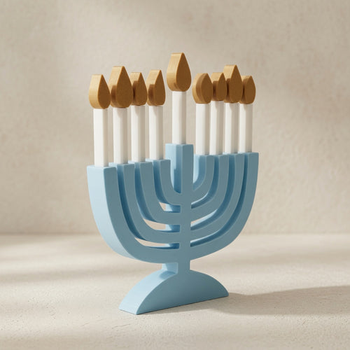 3D Printed Hanukkah Menorah with Removable Candles — Modern Pastel Blue Hanukkiah
